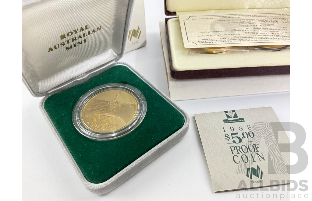 Two Australian RAM Five Dollar Proof Coins with Coins of the First Fleet