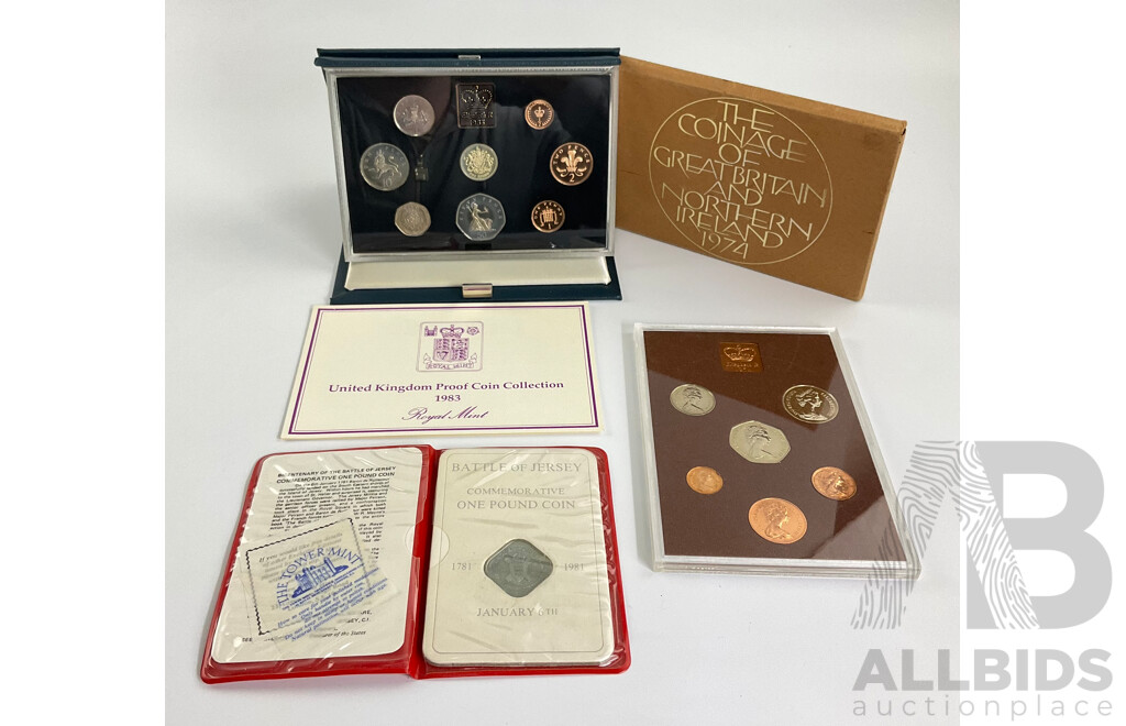 UK 1983 Proof Coin Set, 1974 Coinage of Great Britain and Northern Island Set, Jersey 1981 Commemorative One Pound