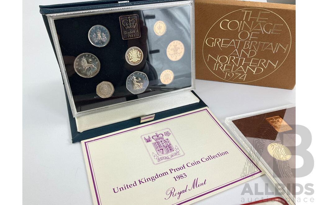 UK 1983 Proof Coin Set, 1974 Coinage of Great Britain and Northern Island Set, Jersey 1981 Commemorative One Pound