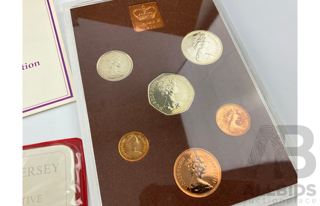 UK 1983 Proof Coin Set, 1974 Coinage of Great Britain and Northern Island Set, Jersey 1981 Commemorative One Pound