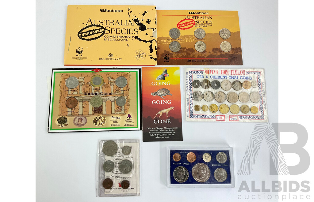 Collection of UNC Coin Sets Including Western Samoa 1974, Fii 1980/81, Thailand, Jordan, Australian RAM Endangered Species Medallions