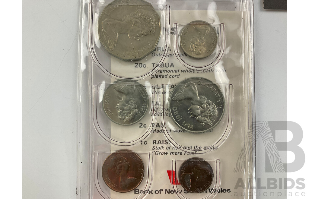 Collection of UNC Coin Sets Including Western Samoa 1974, Fii 1980/81, Thailand, Jordan, Australian RAM Endangered Species Medallions