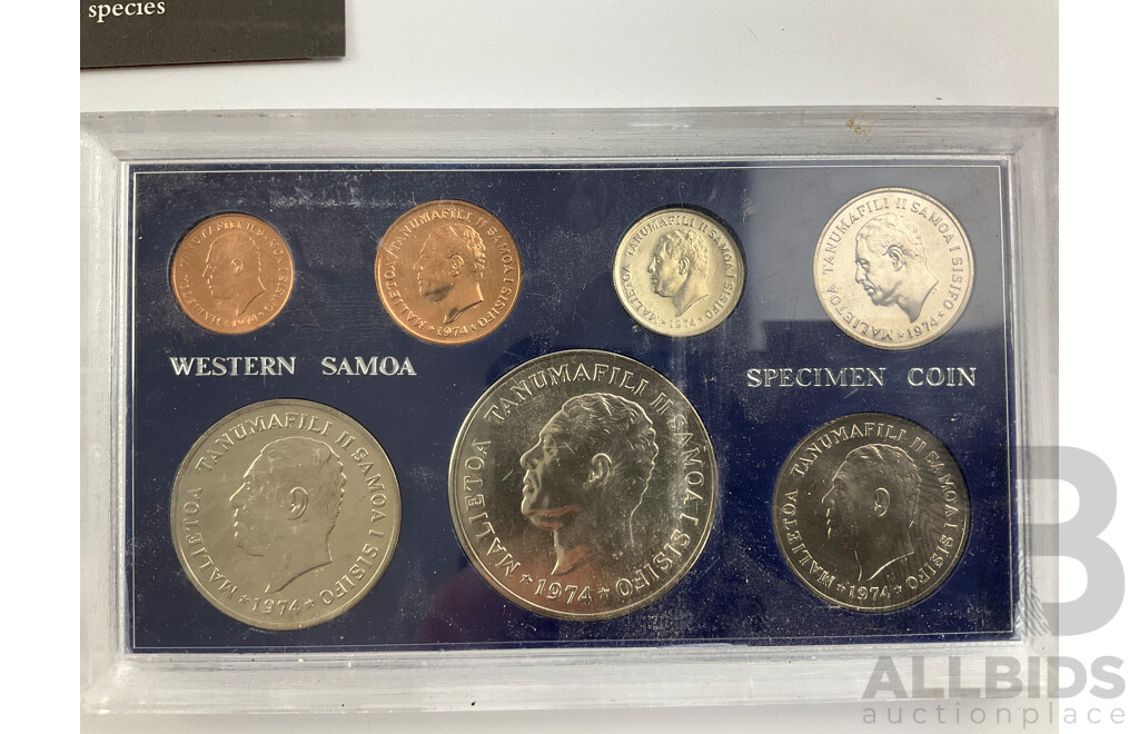 Collection of UNC Coin Sets Including Western Samoa 1974, Fii 1980/81, Thailand, Jordan, Australian RAM Endangered Species Medallions