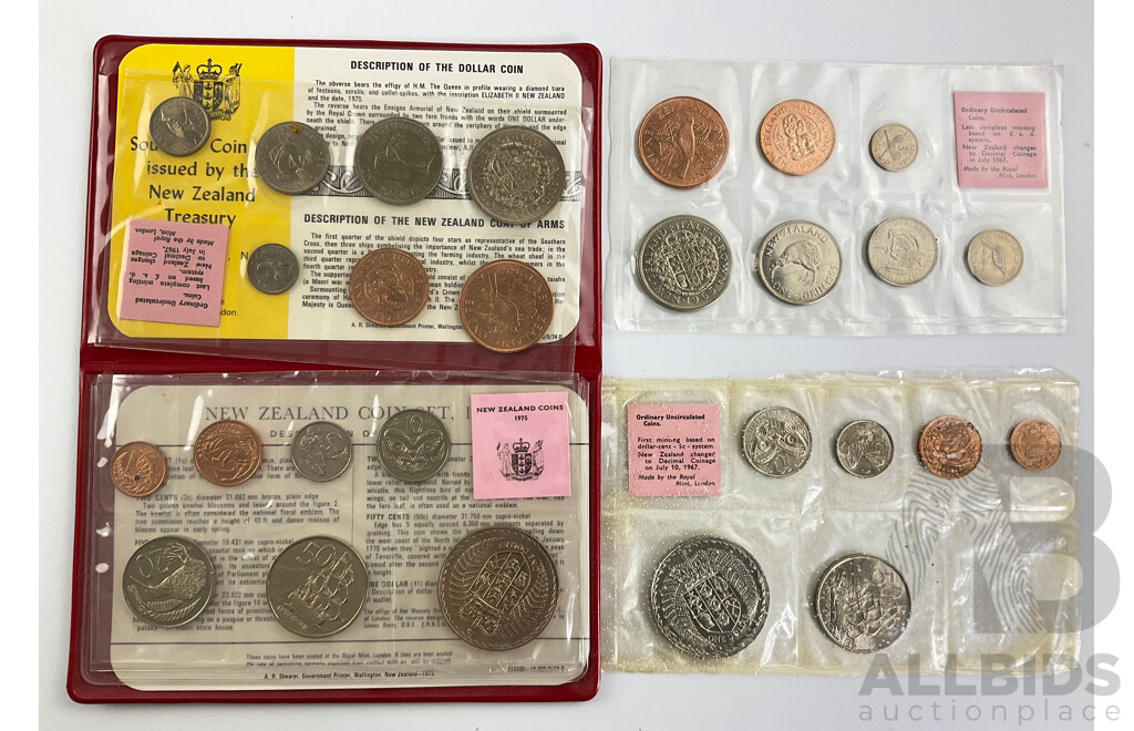 New Zealand Predecimal/Decimal UNC Coin Sets Including 1965, 1967, 1975
