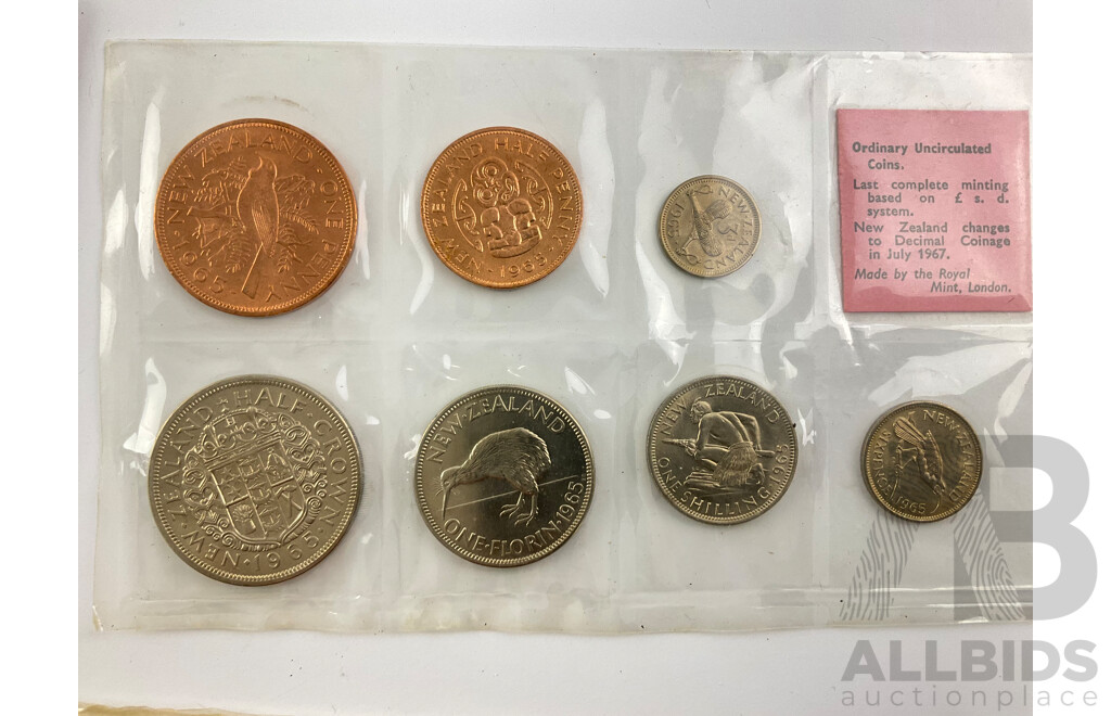 New Zealand Predecimal/Decimal UNC Coin Sets Including 1965, 1967, 1975