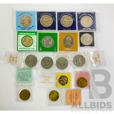 Collection of Commonwealth Countries Coins and Medallions Including 1962 Western Samoa One Tala, Australia 1988 Melbourne Cup, UK 1977 Jubilee Crowns and More