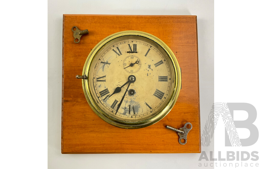 Vintage Brass Clock Mounted on Timber Plaque, Made in England