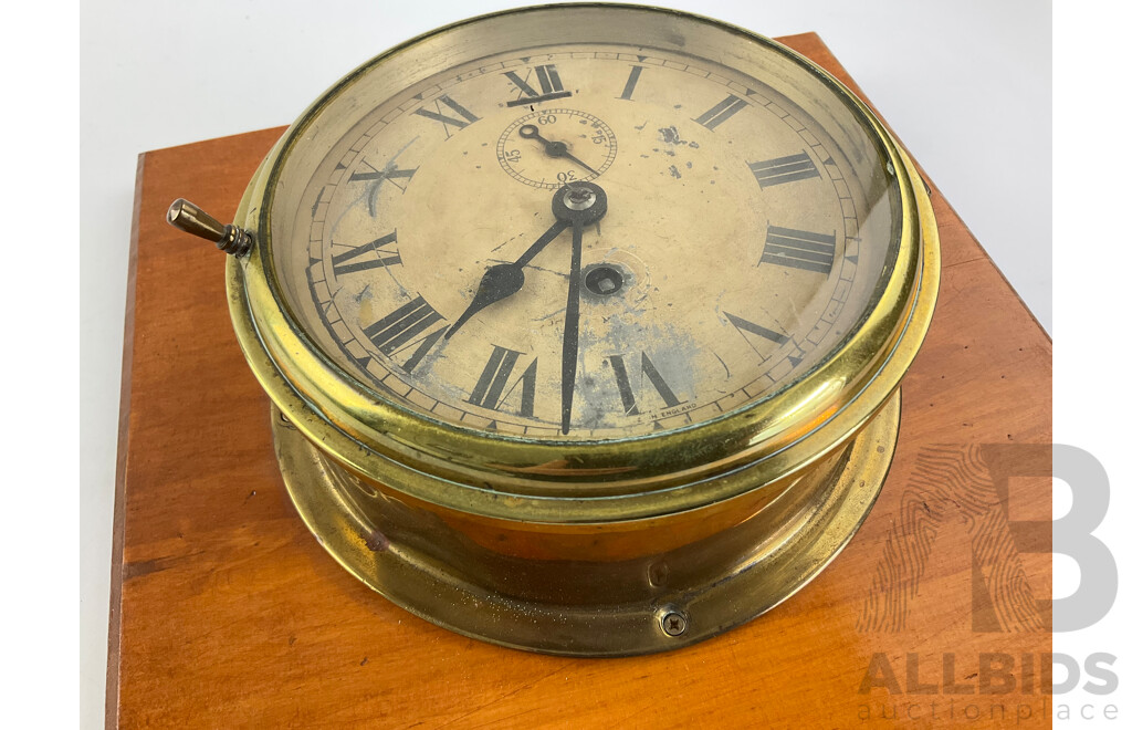 Vintage Brass Clock Mounted on Timber Plaque, Made in England