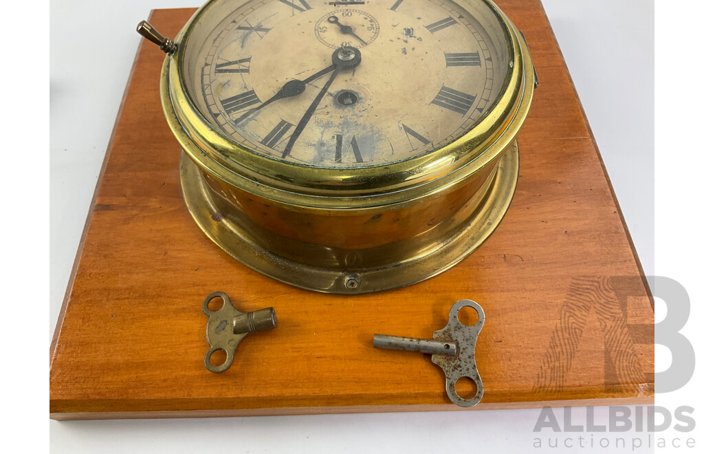 Vintage Brass Clock Mounted on Timber Plaque, Made in England