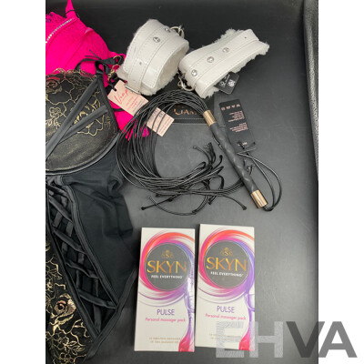 SKYN Pulse Massager Pack,  Ankle and Wrist Cuffs, Costumes and BRAS N THING Lingerie - Lot of 6