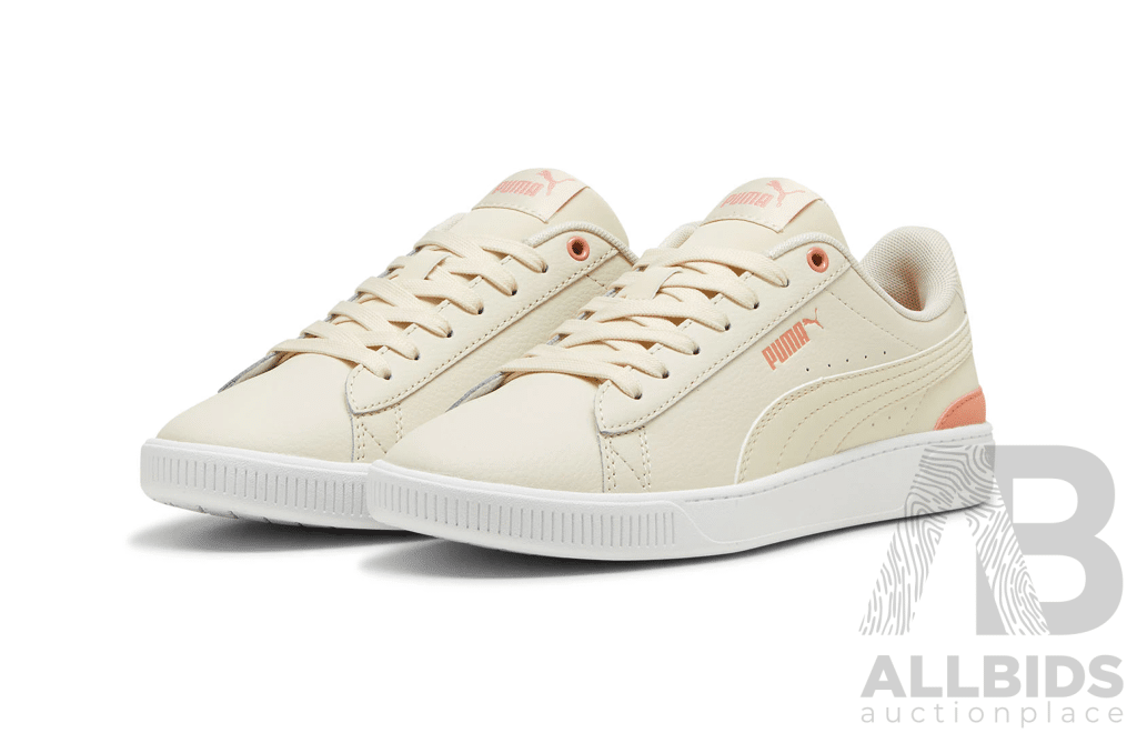 PUMA Womens Vikky V3 Leather Sneakers - Alpine Snow/Deeva Peach Size US 6