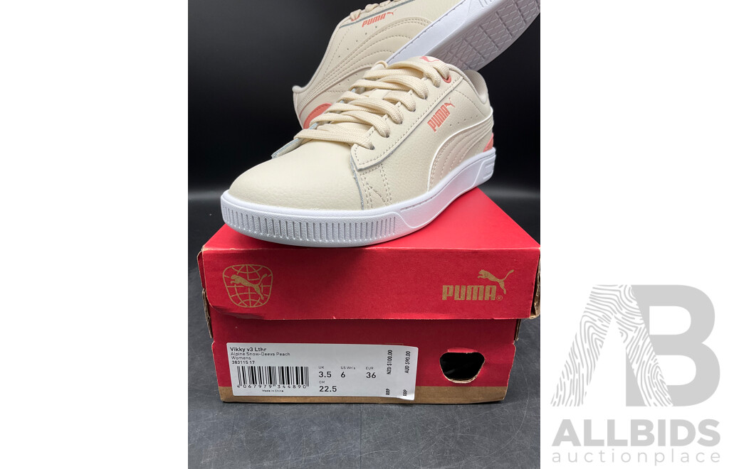 PUMA Womens Vikky V3 Leather Sneakers - Alpine Snow/Deeva Peach Size US 6