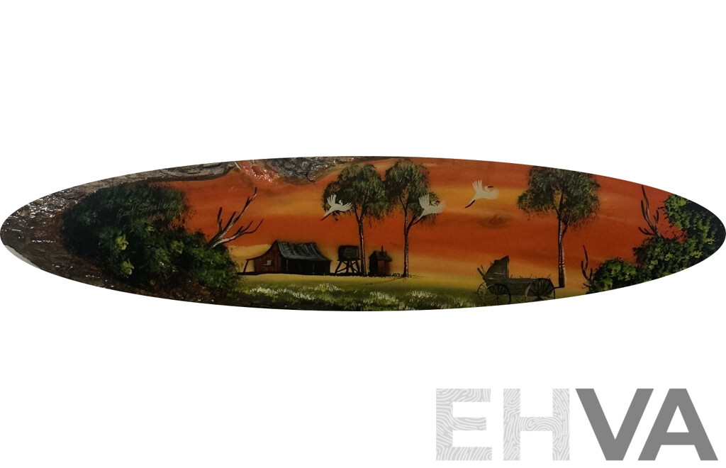 Geoff Smalley, (20th Century, Australian), Bush Homestead with Birds, Oil & Resin on Wood Burl Bark Plaque, 15 x 64 cm (frame)