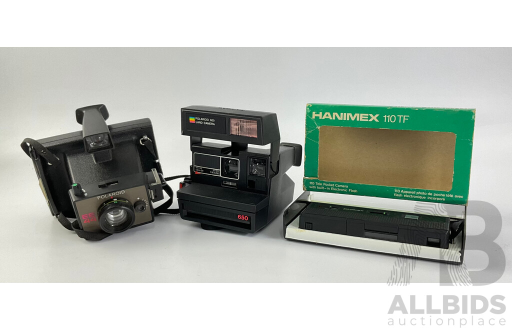 Two Vintage Polaroid Cameras, 600 and EE44 with Hanimex 110 TF in Original Box