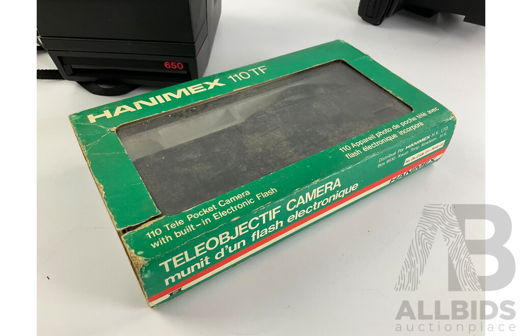Two Vintage Polaroid Cameras, 600 and EE44 with Hanimex 110 TF in Original Box