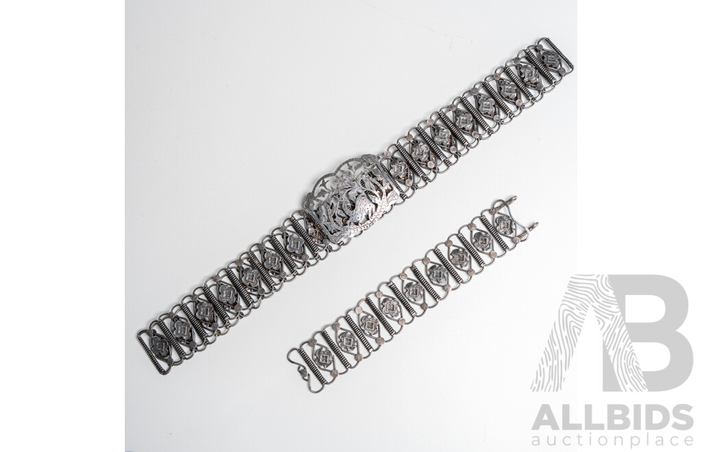 Antiqiue Chinese Malay Straits Peranakan Baba Nyonya Silver Belt & Bracelet, C.1890, (800) Silver 169.0 Grams