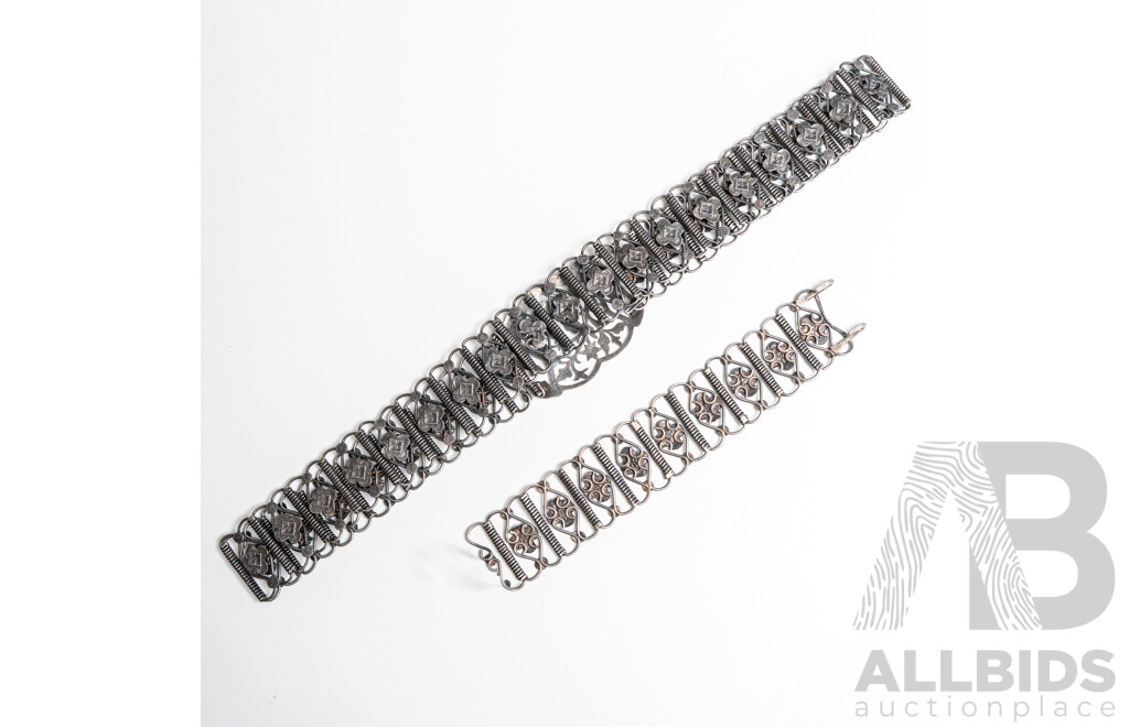 Antiqiue Chinese Malay Straits Peranakan Baba Nyonya Silver Belt & Bracelet, C.1890, (800) Silver 169.0 Grams
