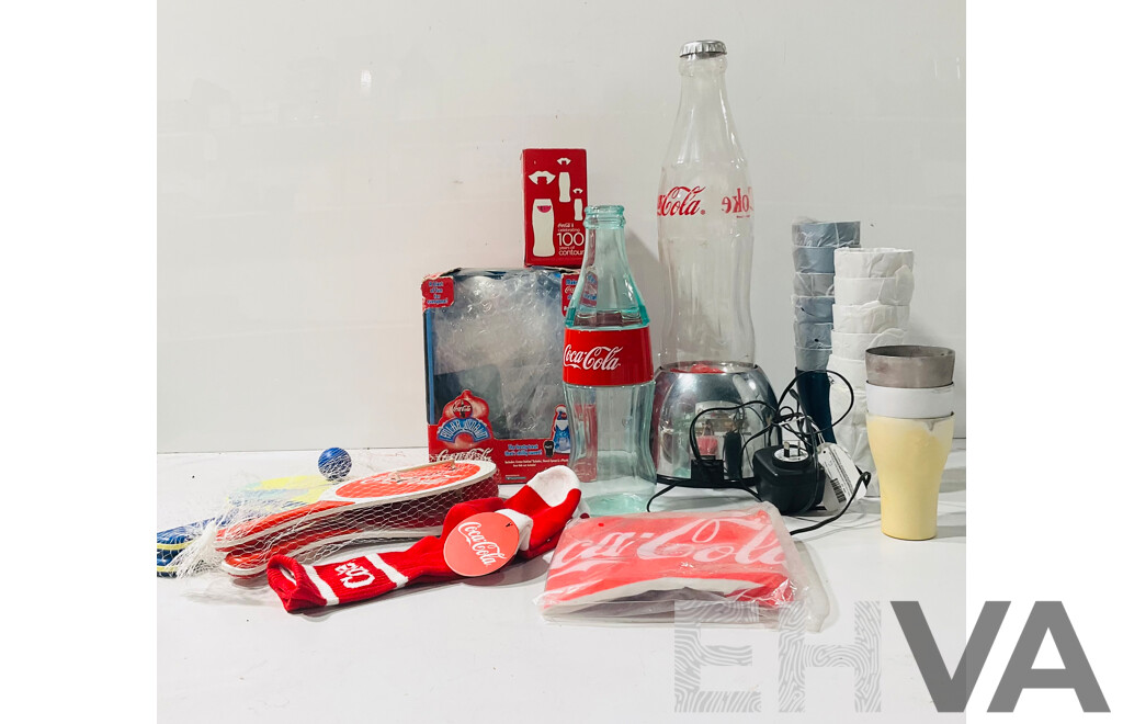 Large Collection of Coca-cola Memorabilia Including Bubble Lamp, Ping-pong Paddles, Beach Ball and More