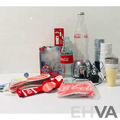 Large Collection of Coca-cola Memorabilia Including Bubble Lamp, Ping-pong Paddles, Beach Ball and More