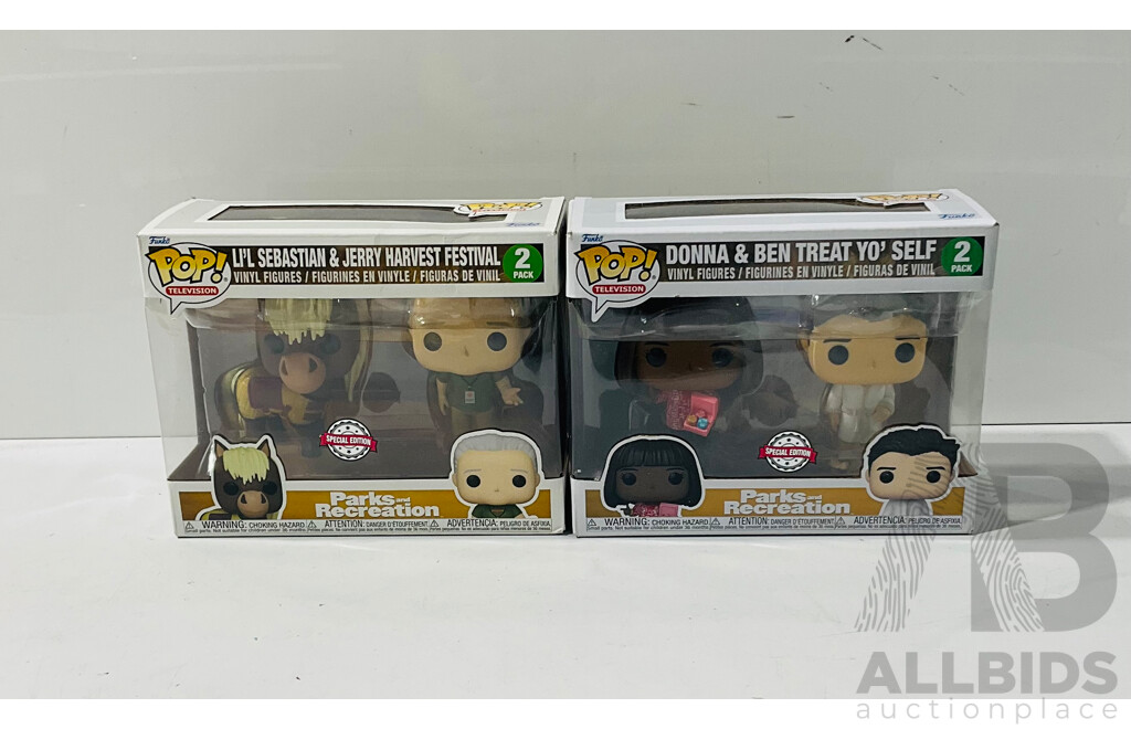 Two Special Edition Parks and Recreation Funko Pop Vinyl Statues Including Donna & Ben Treat Yo’ Self and Li’l Sebastian & Jerry Harvest Festival in Original Packaging