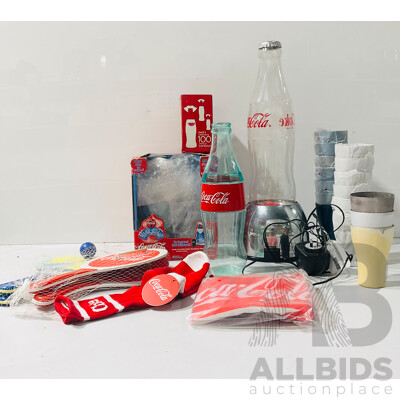 Large Collection of Coca-cola Memorabilia Including Bubble Lamp, Ping-pong Paddles, Beach Ball and More