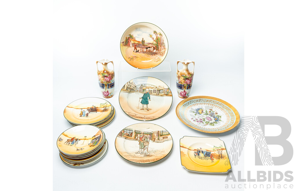 Collection 15 Pieces Antique Royal Doulton Coaching Days, Dickens Ware and More Porcelain Along with Limoges Display Plate & Pair Hand Painted Vintage Vases