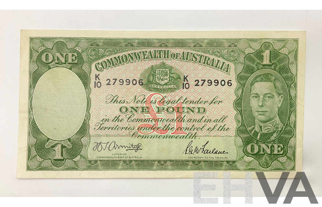 Australian 1942 Armitage McFarlane R30 One Pound Note, K10 279906.