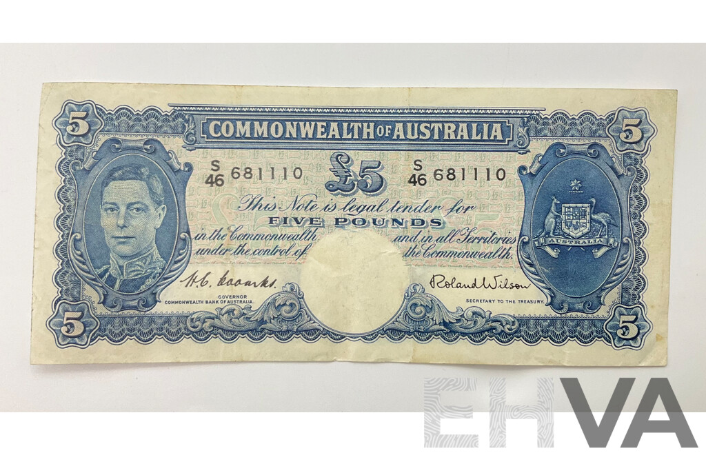 Australian 1952 Coombs Wilson R48 Five Pound Note. S46 681110