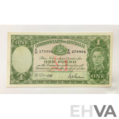 Australian 1942 Armitage McFarlane R30 One Pound Note, K10 279906.