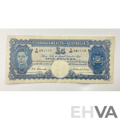 Australian 1952 Coombs Wilson R48 Five Pound Note. S46 681110