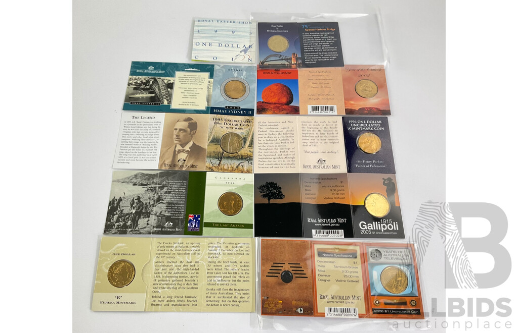 Ten Australian Assorted Mintmarked $1 UNC Coins.
