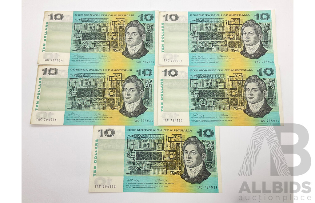 Australian 1972 Phillips Wheeler R304 Five 5 Consecutive $10 Notes.