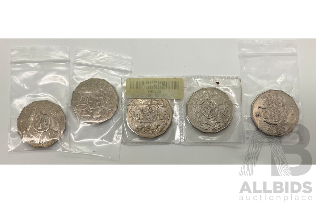 Australian 1975, 1976, 1983, 1984, 2001 Coat of Arms UNC 50c Coins