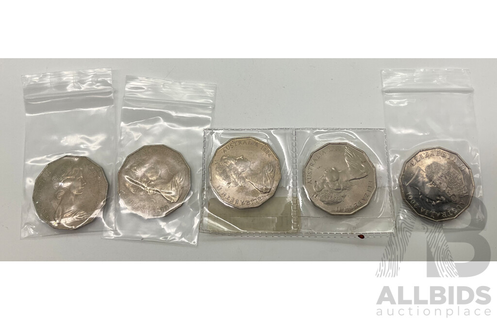 Australian 1975, 1976, 1983, 1984, 2001 Coat of Arms UNC 50c Coins