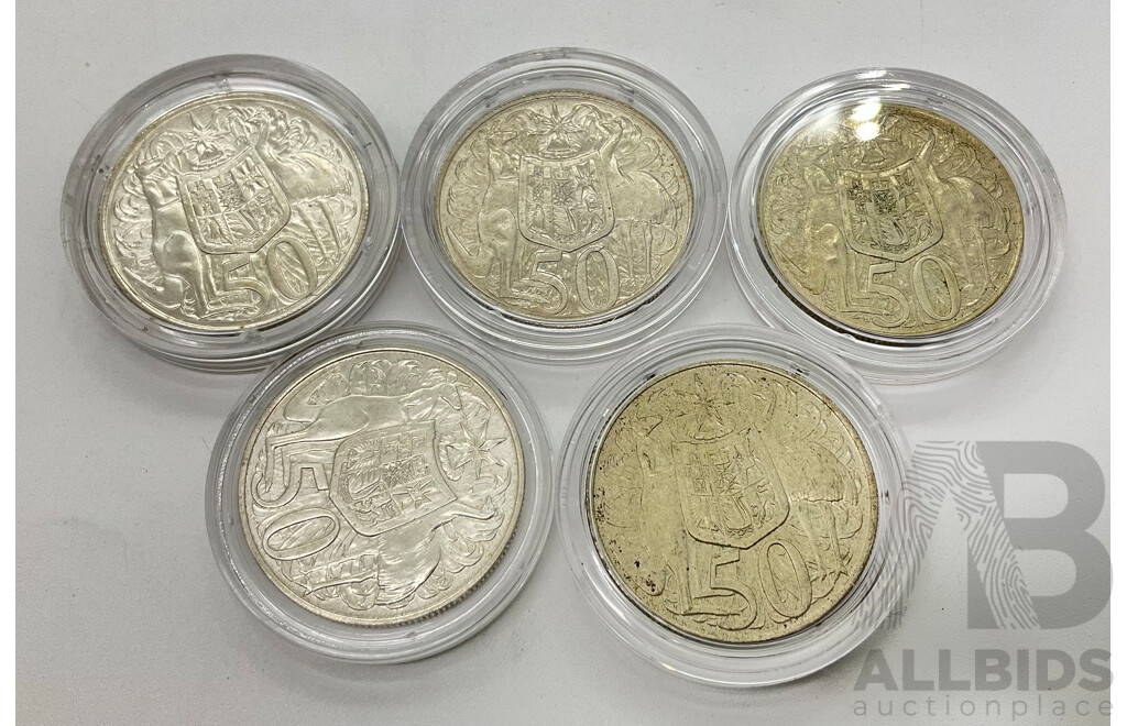 Five Australian 1966 UNC Silver Fifty Cent Coins