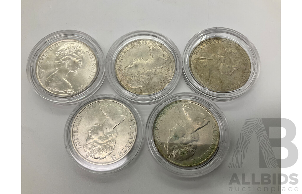 Five Australian 1966 UNC Silver Fifty Cent Coins