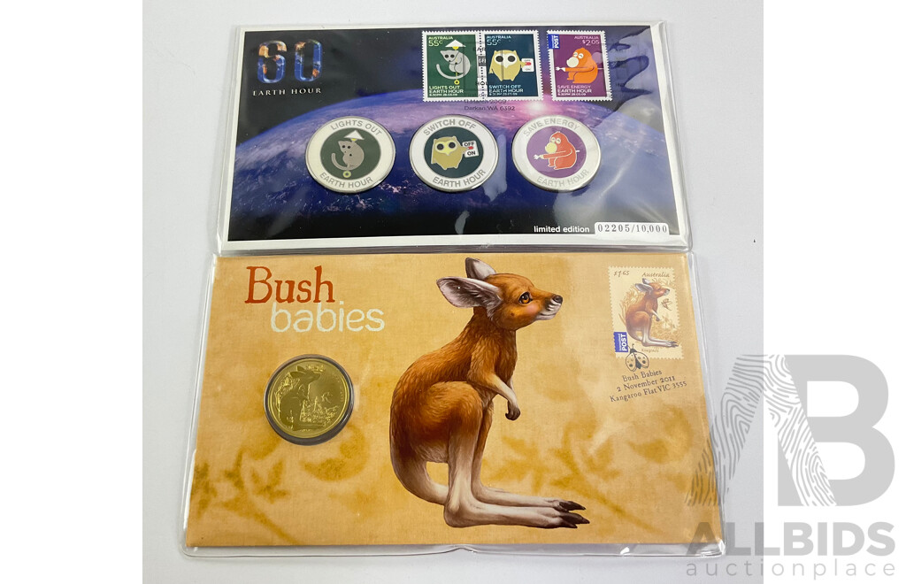 Australian 2009 Earth Hour PNC 3 Medal Set with Stamps, 2011 Bush Babies $1coin and Stamps
