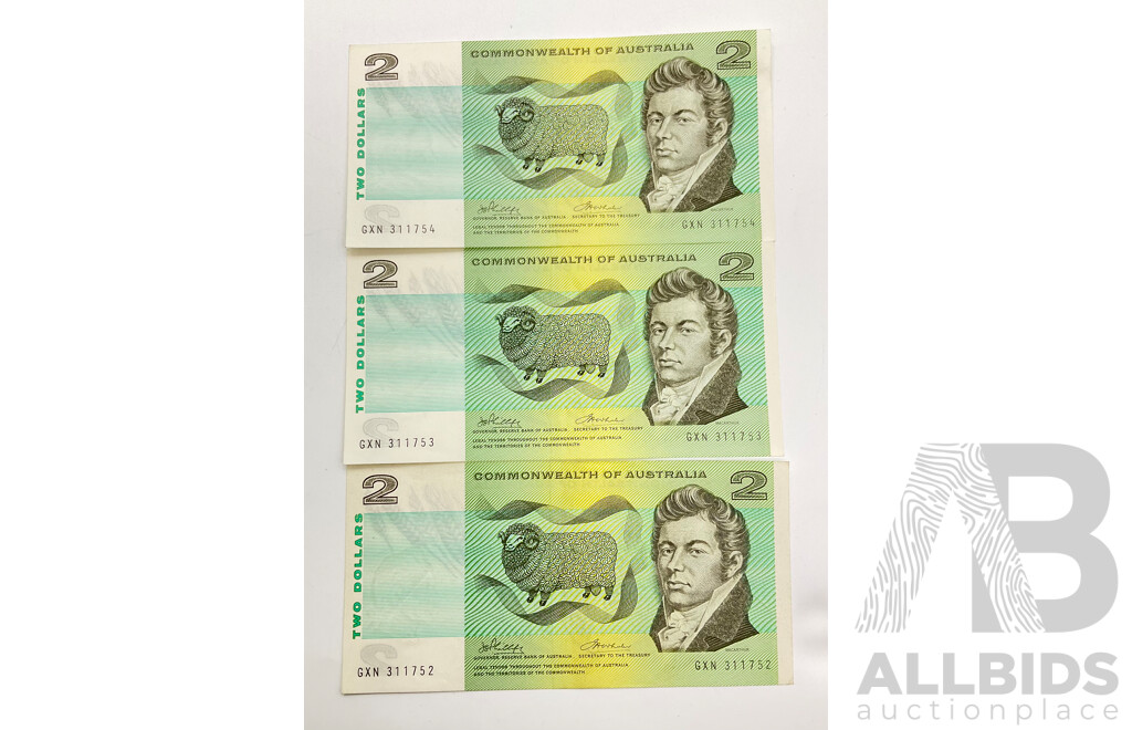 Australian 1972 Phillips Wheeler R84 Three 3 Conseutive $2 Notes, GXN 311752.