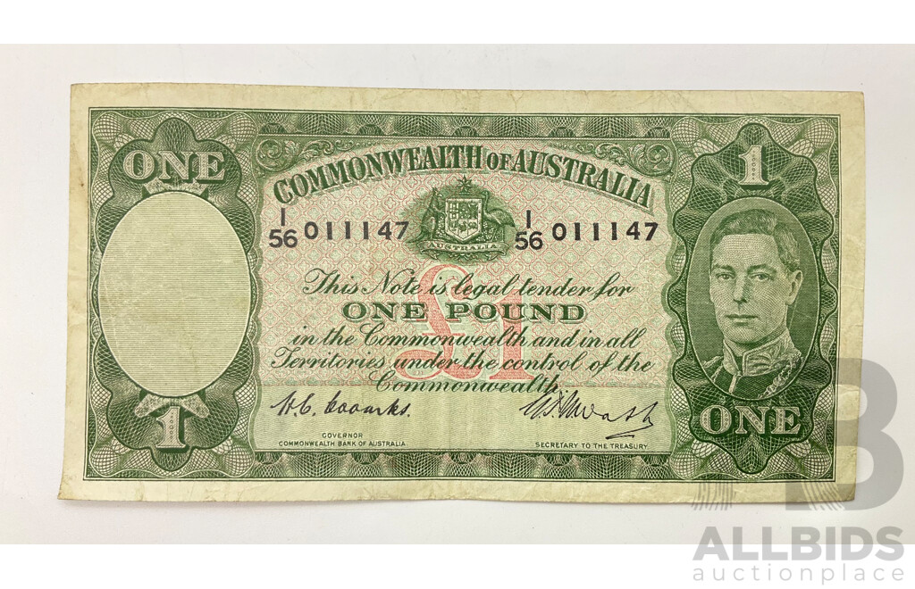 Australian 1949 Coombs Watt R31 One pound note I56 011147.