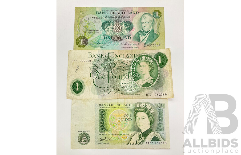 UK 1960s, 1975,1980 One Pound Notes. 
