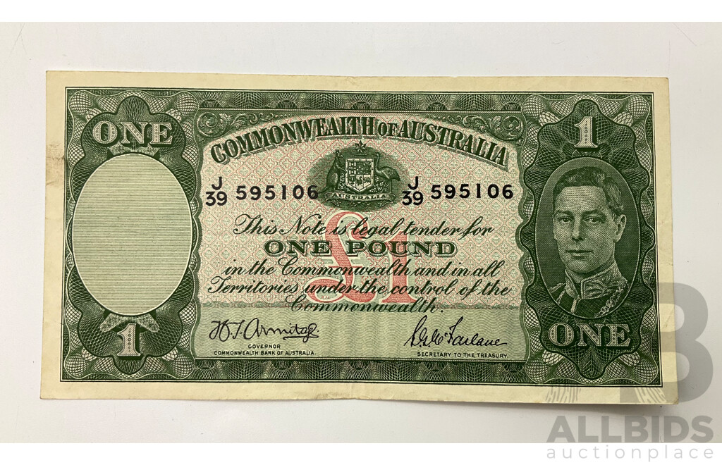 Australian 1942 Armitage McFarlane R30 One Pound Note J39 595106.