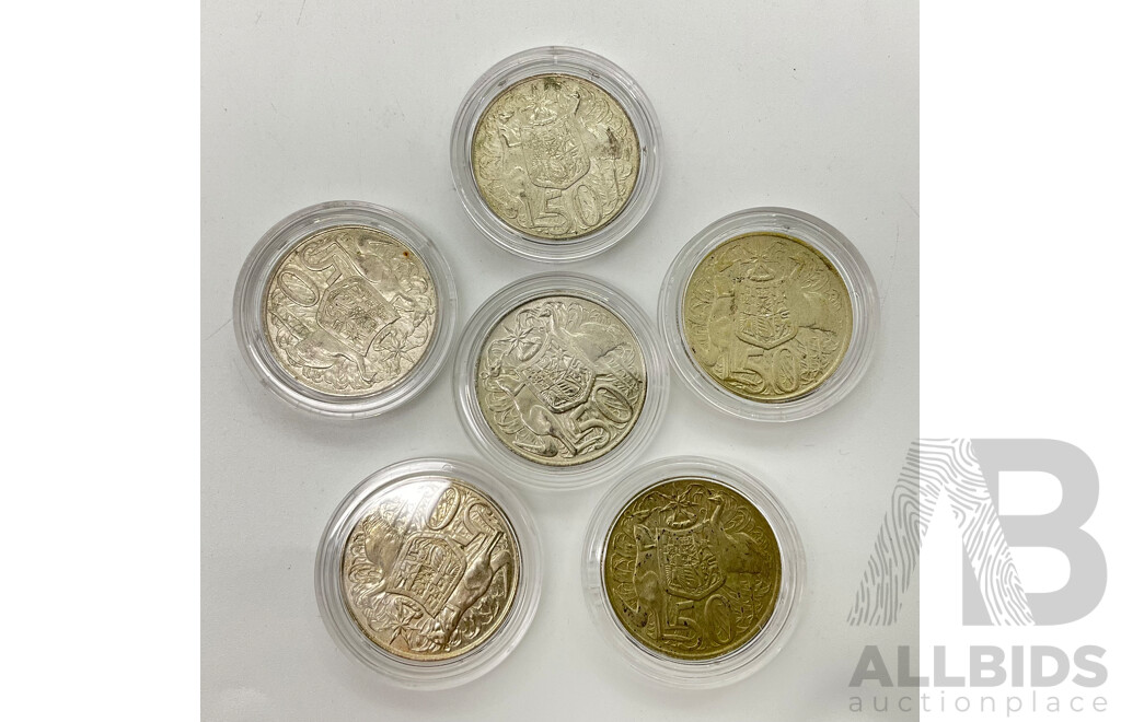 Six Australian 1966 Round Fifty Cent Coins