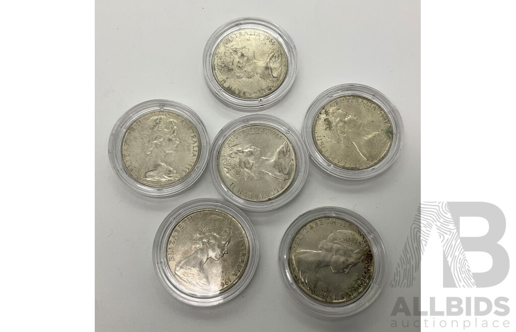 Six Australian 1966 Round Fifty Cent Coins