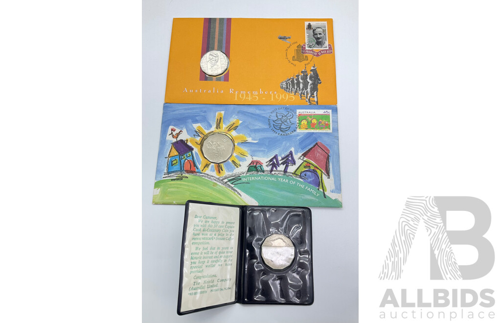 Australian 1995 PNC 50c Coin and Stamp Plus1977 Captain Cook RAM 50c Coin.
