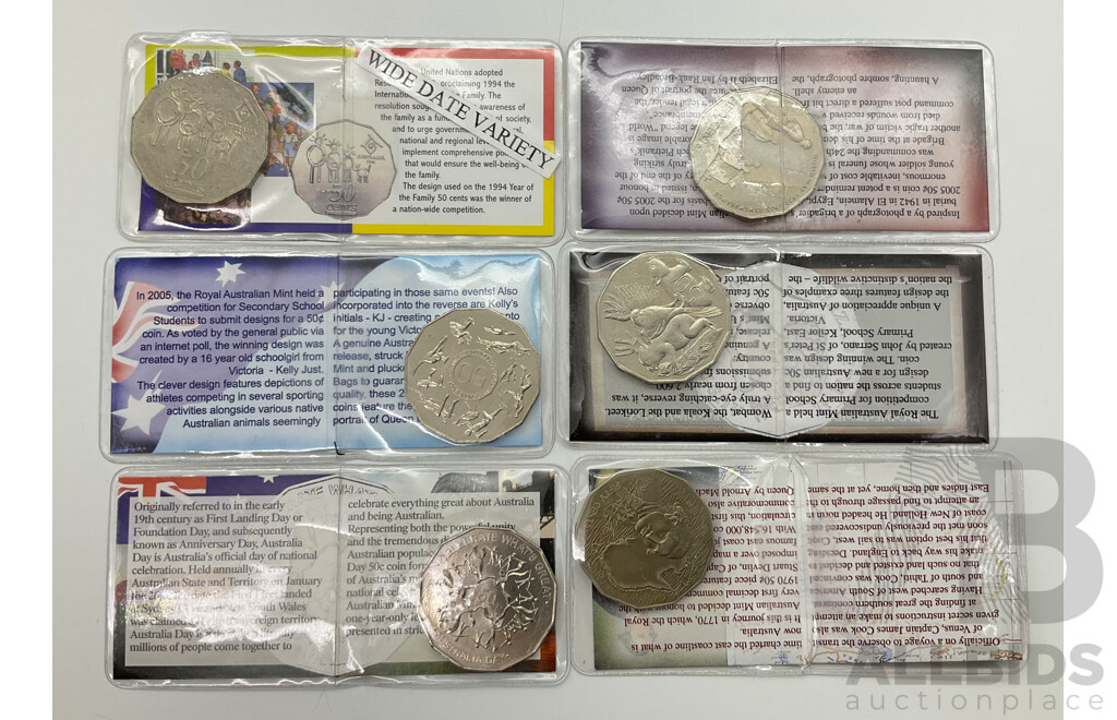 Australian Six 50c Assorted Commemorative Coins. Uncirculated.
