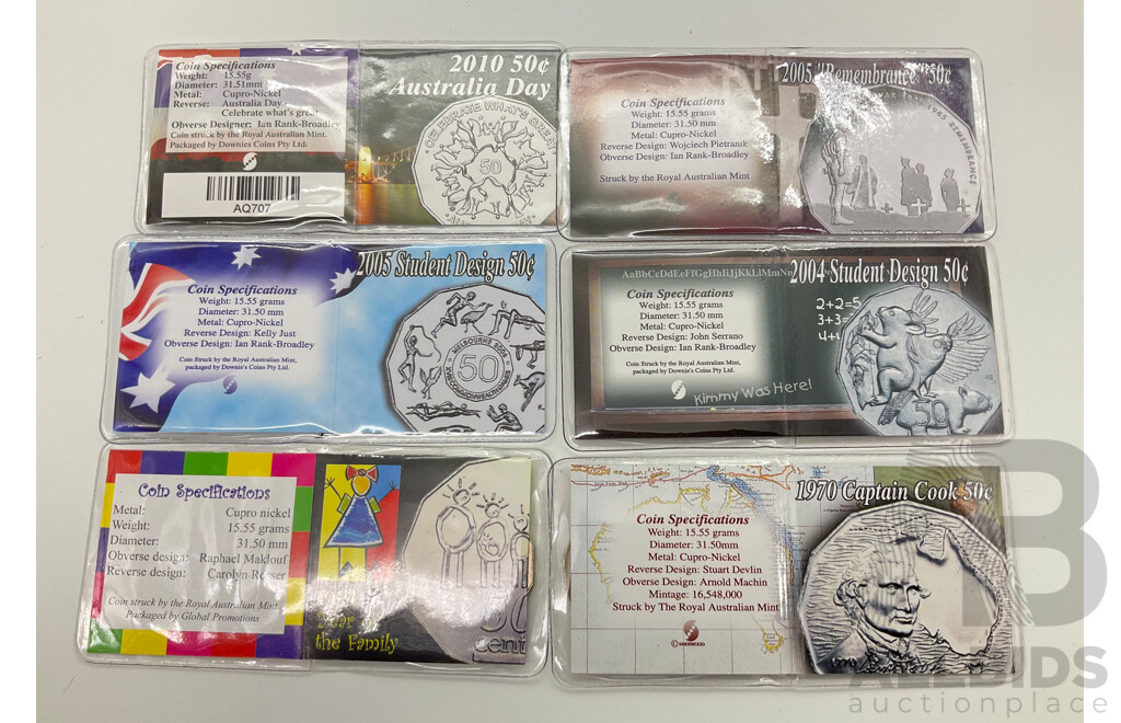 Australian Six 50c Assorted Commemorative Coins. Uncirculated.