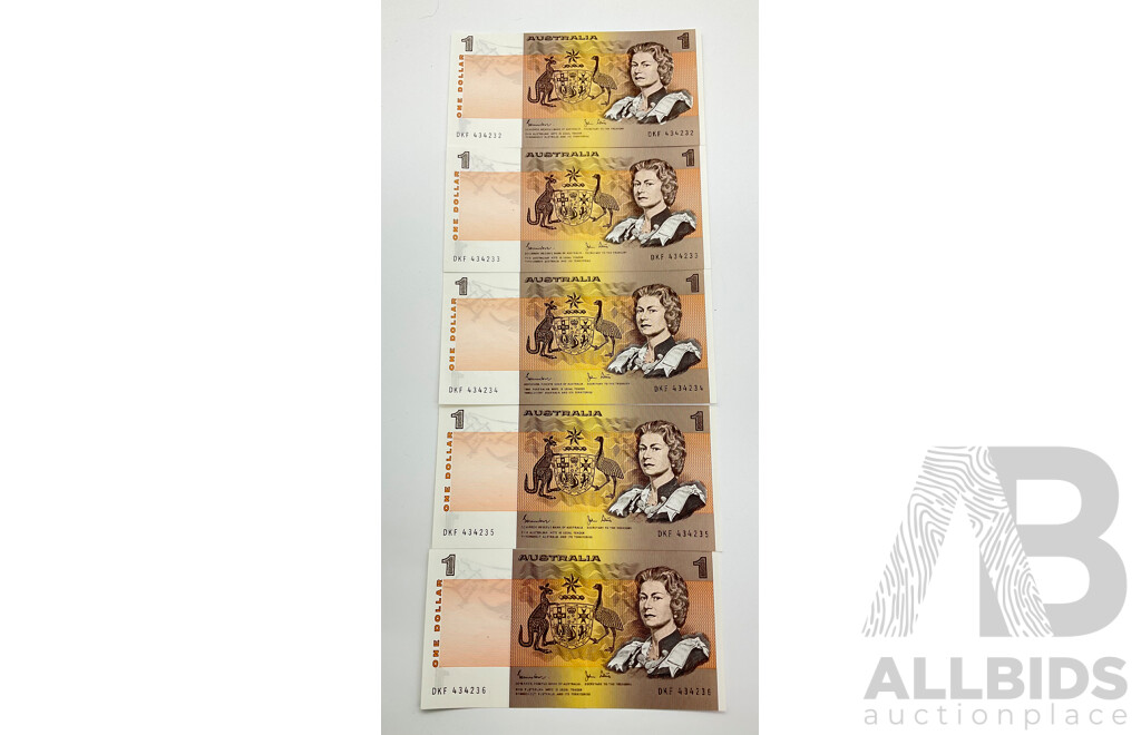Australian 1982 Johnston Stone R78 Five Consecutive $1 Notes DKF 434232/6.