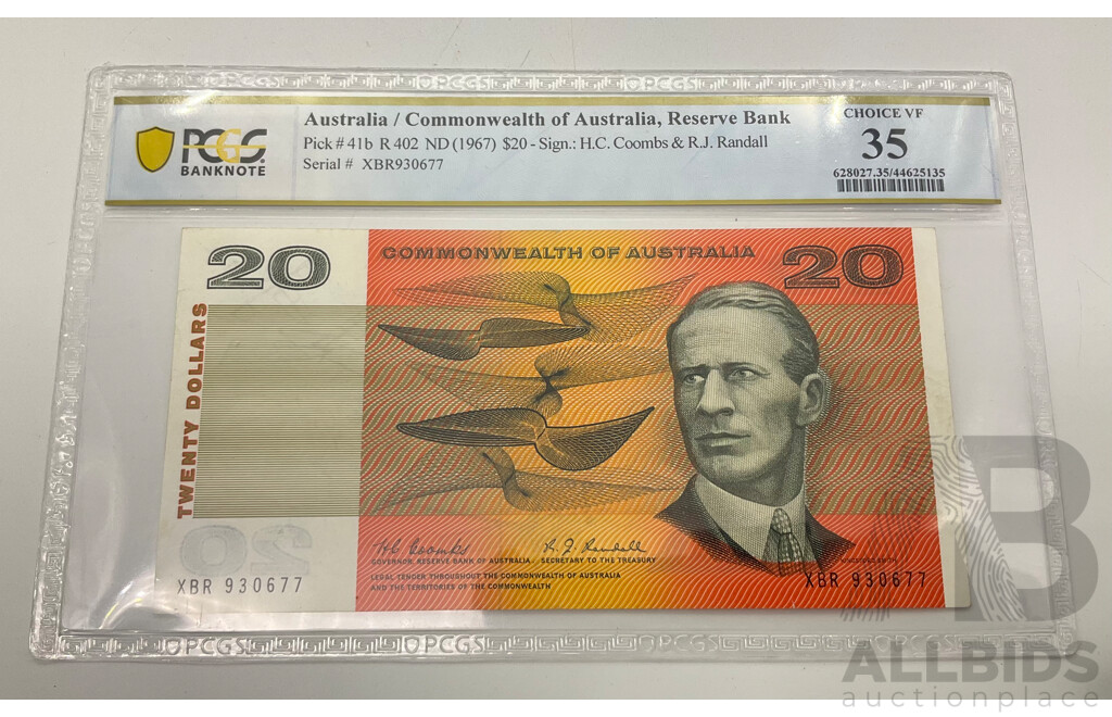 Australian 1967 Coombs Randall R402 $20 Note Graded VF XBR 930677.