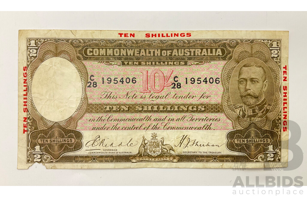 Australian 1934 Riddle Sheehan 10/- R10 Note. C28 195406.