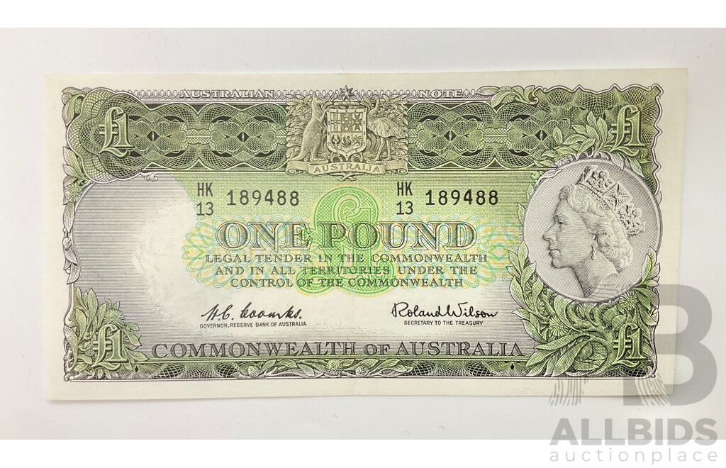Australian 1961 Coombs Wilson R34B One Pound Note HK13 189488